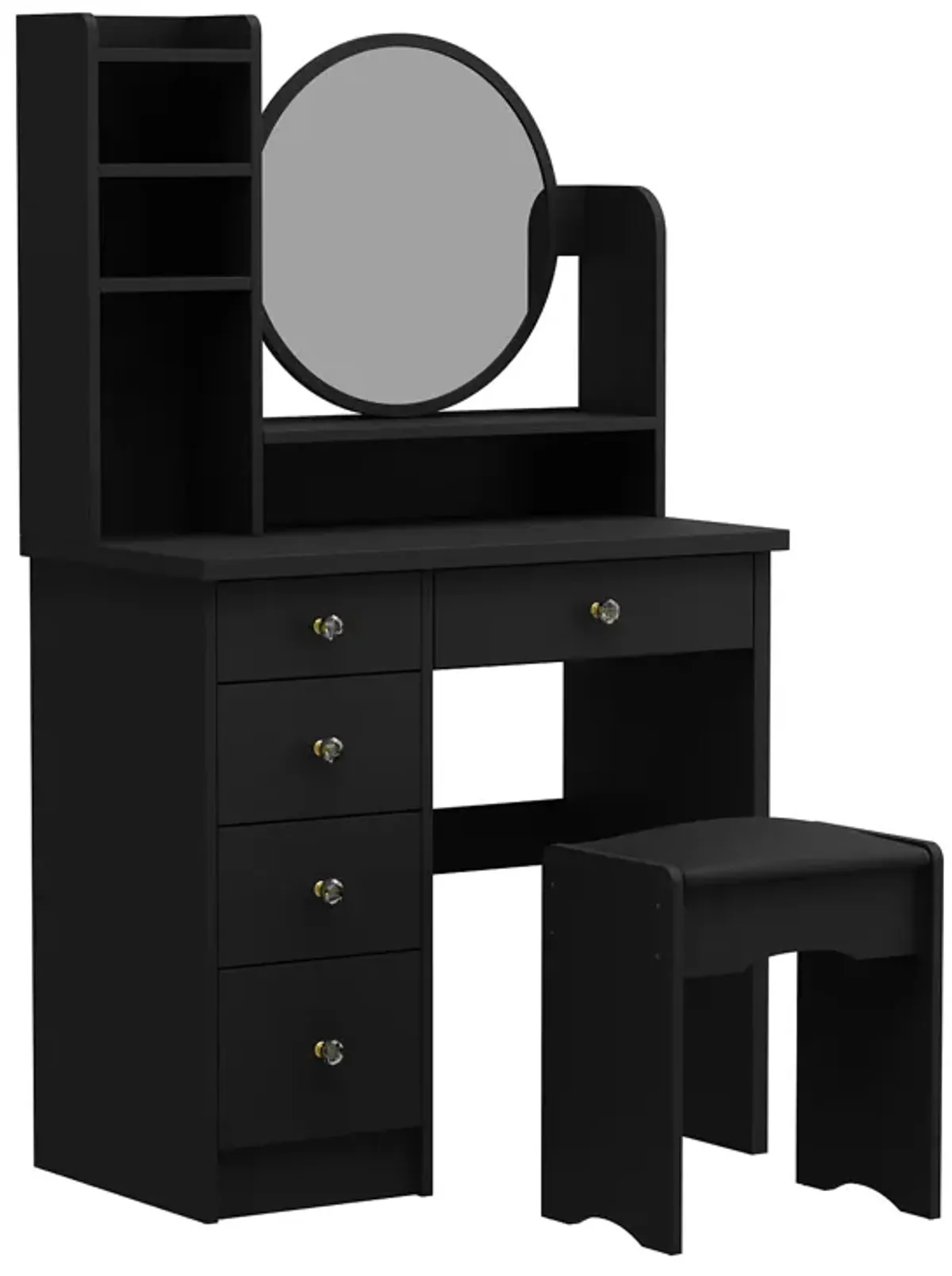 5-Drawers Black Makeup Vanity Sets Dressing Table Set with Stool, Mirror and Storage Shelves Girls Dressing Table