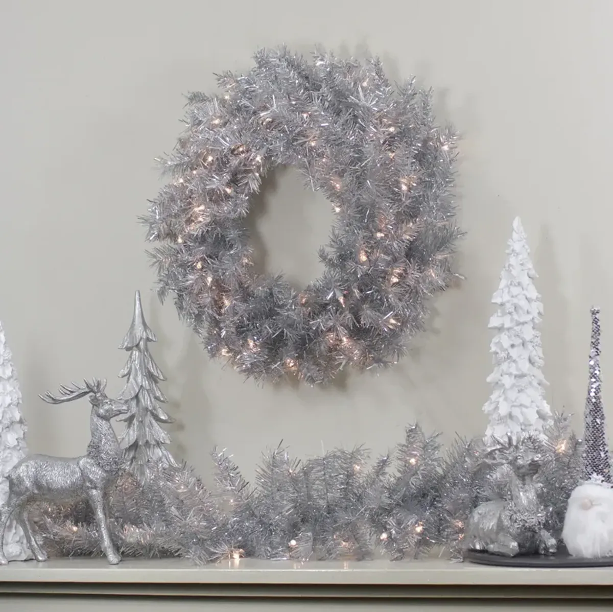 36" Pre-Lit Silver Tinsel Artificial Christmas Wreath  Clear Lights