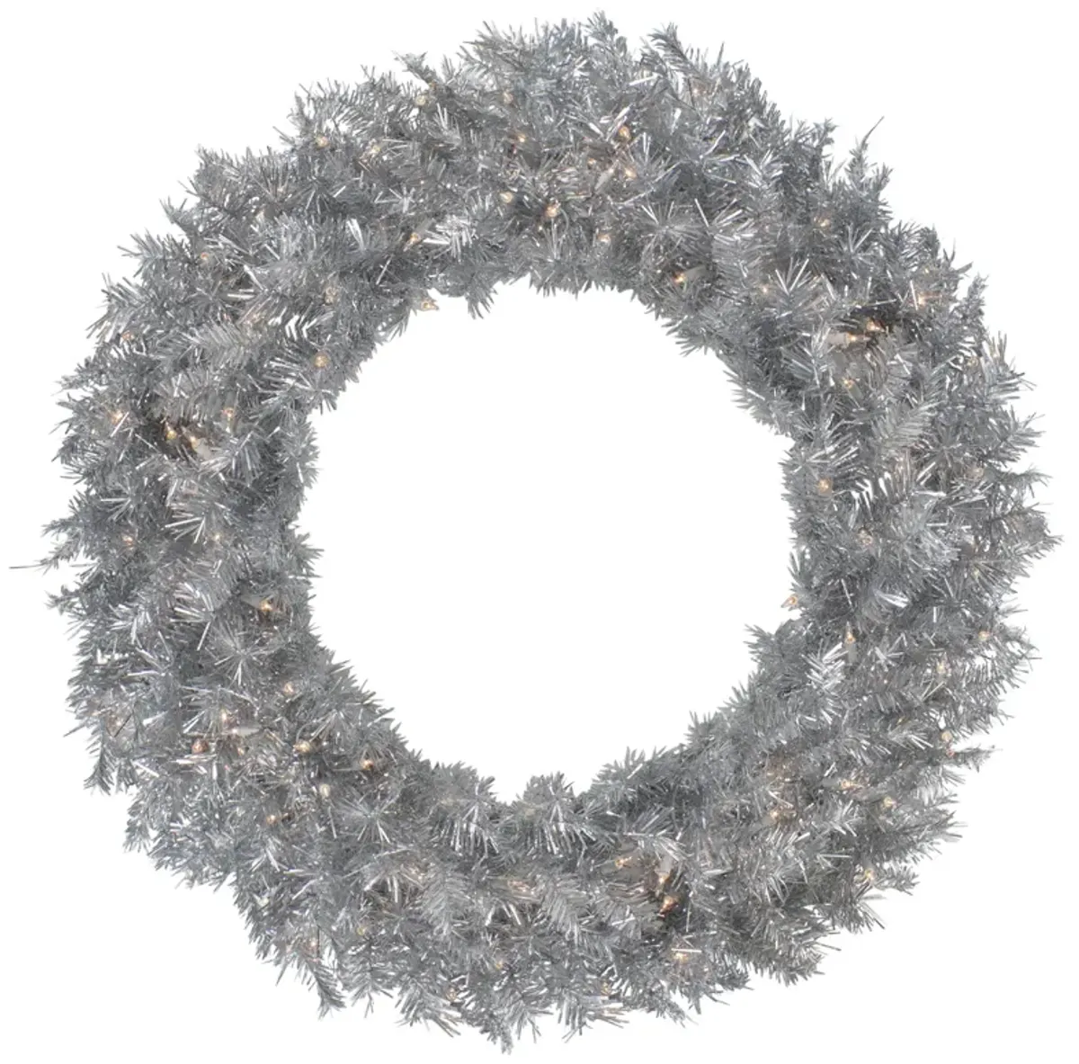 36" Pre-Lit Silver Tinsel Artificial Christmas Wreath  Clear Lights