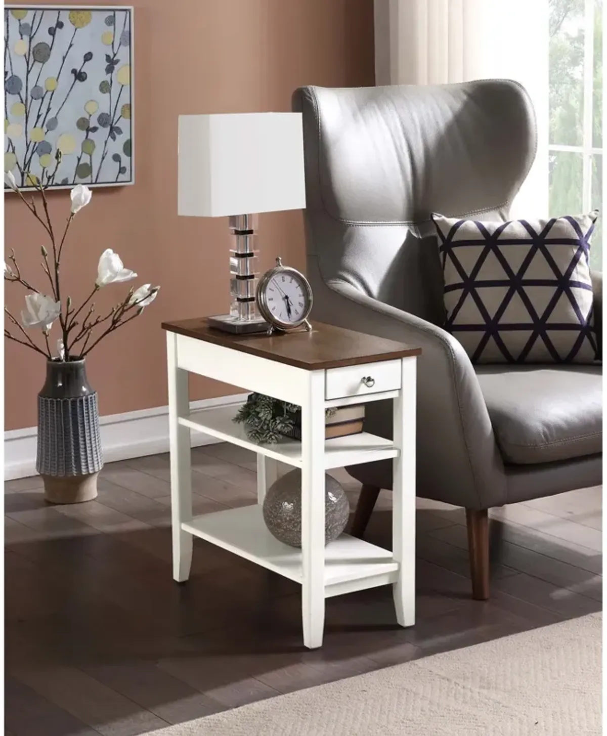 Convenience Concepts American Heritage 1 Drawer Chairside End Table with Shelves, 23.5 x 11.25 x 24, Driftwood Top/White Frame