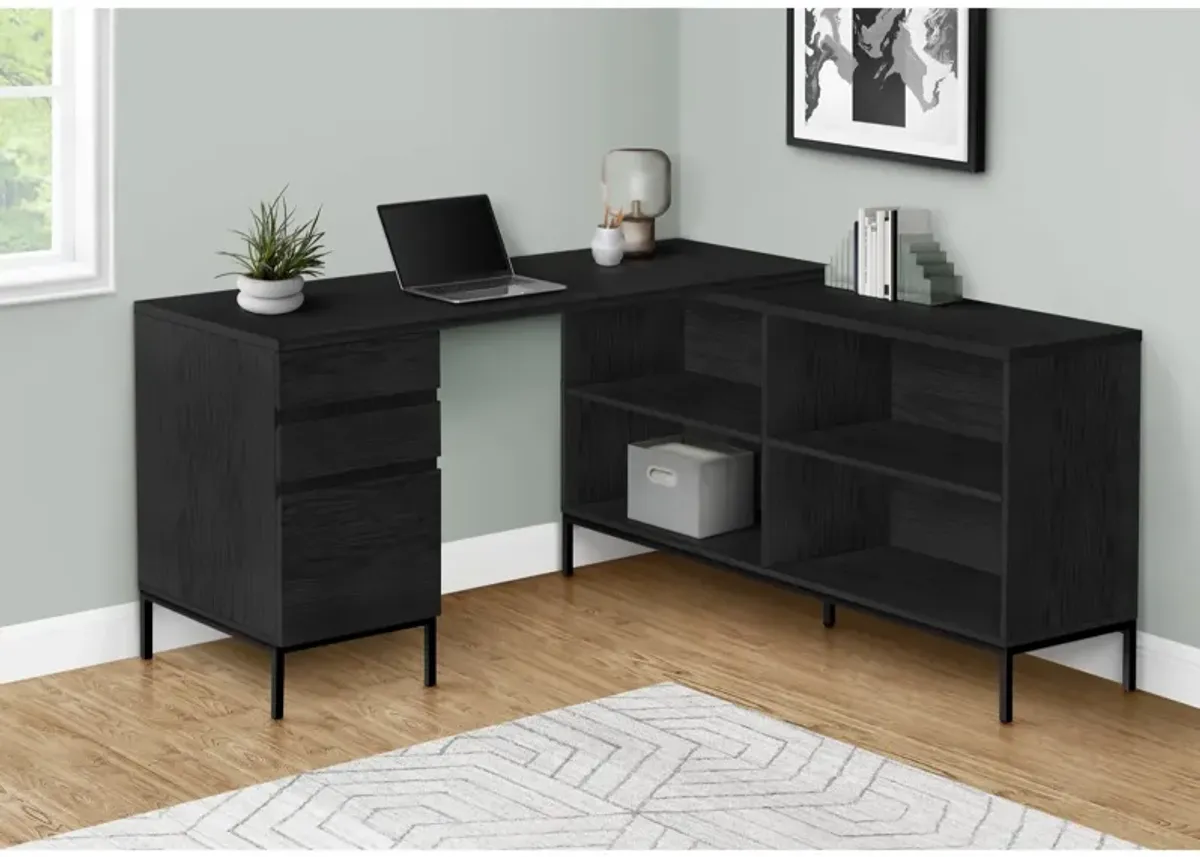 Computer Desk, Home Office, Corner, Storage Drawers, 60"L, L Shape, Work, Laptop, Metal, Laminate, Black, Contemporary, Modern