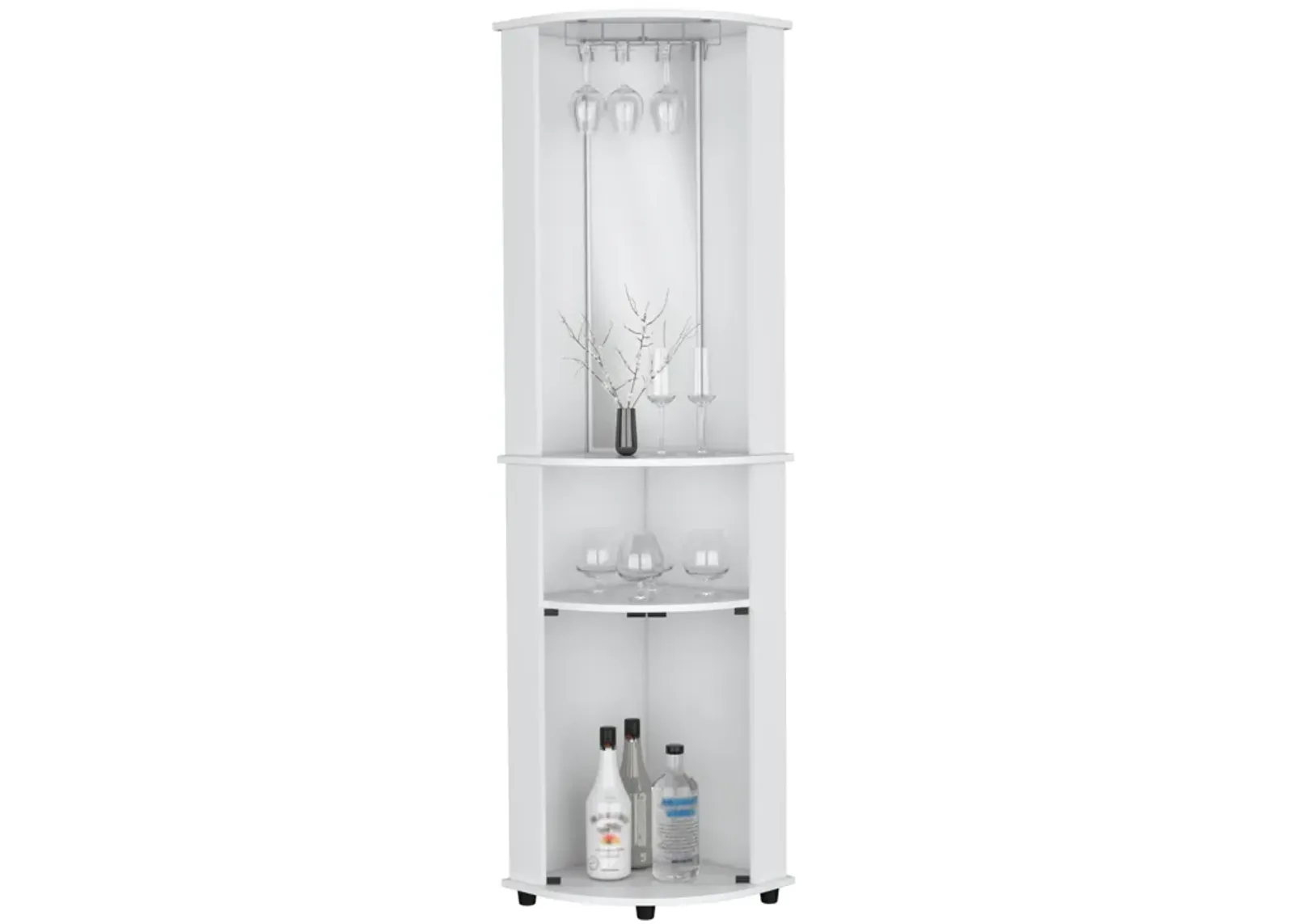 Nashville Corner Bar Cabinet Unit with Wine Glass Rack and Lower Cabinet, White -Living Room