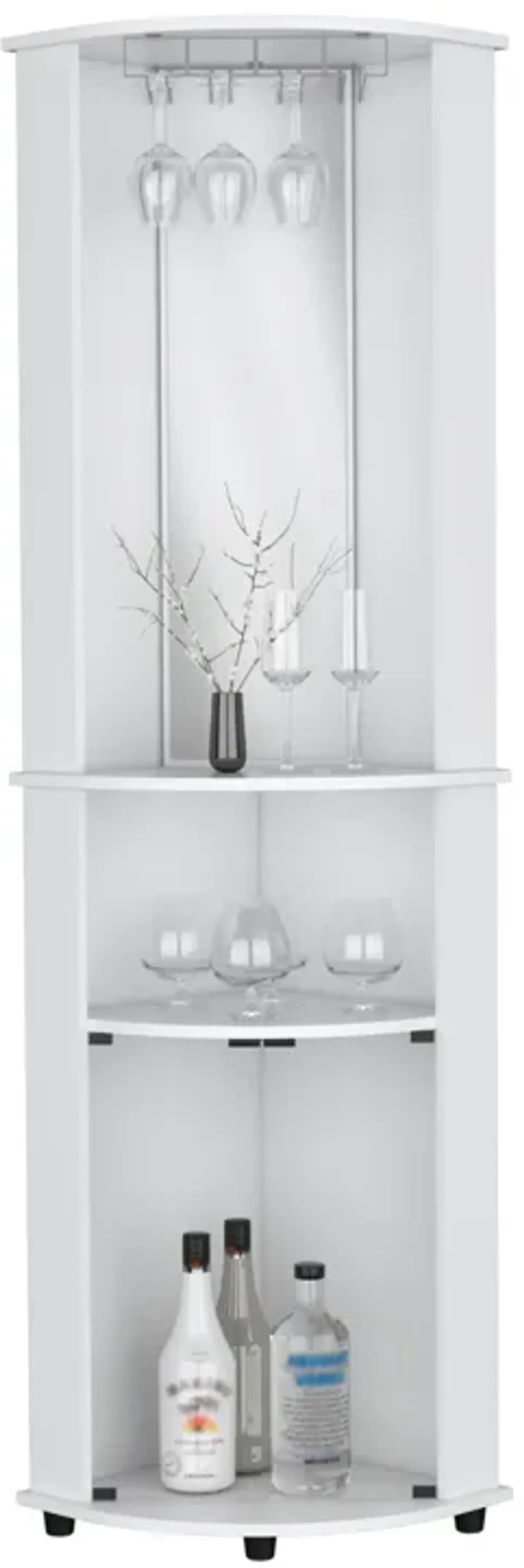 Nashville Corner Bar Cabinet Unit with Wine Glass Rack and Lower Cabinet, White -Living Room