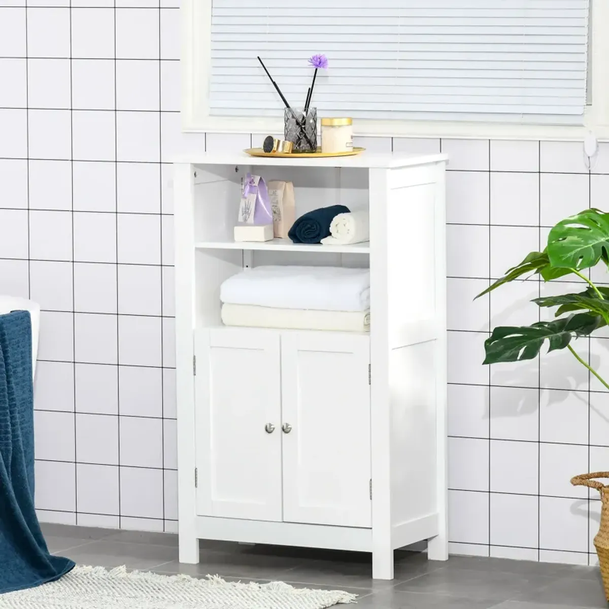 White Bathroom Storage: Freestanding Double Door Floor Cabinet