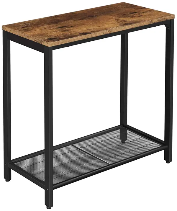 24 Inch Industrial End Table, Wood, Metal Frame, Mesh Shelf, Brown, Black-Benzara