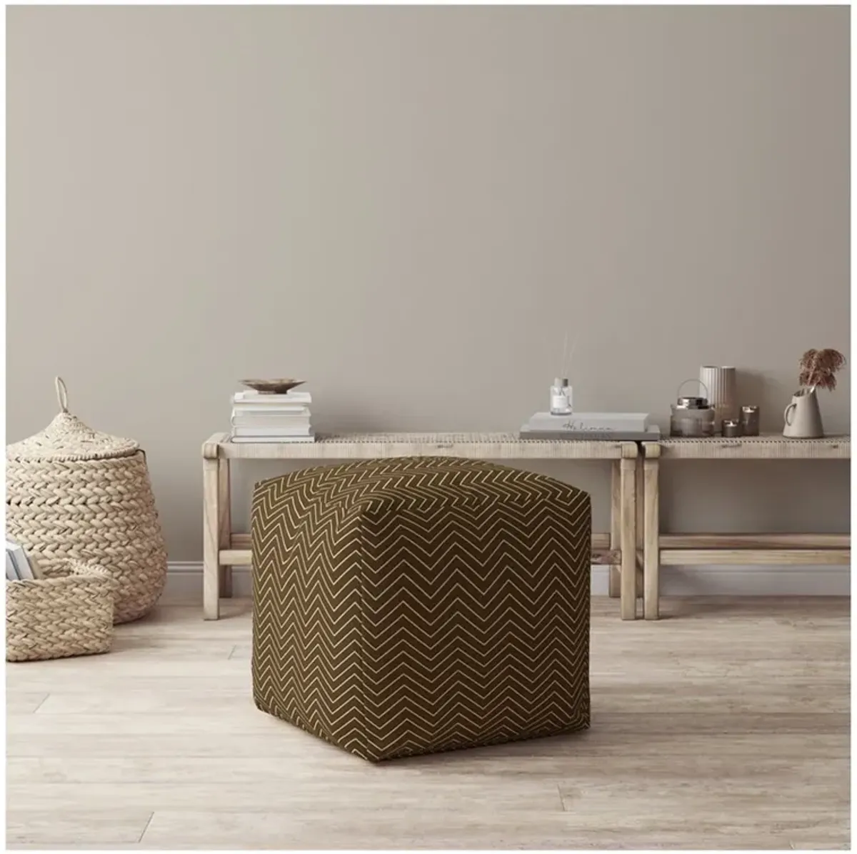 Hivvago 17" Brown Cotton Chevron Pouf Ottoman