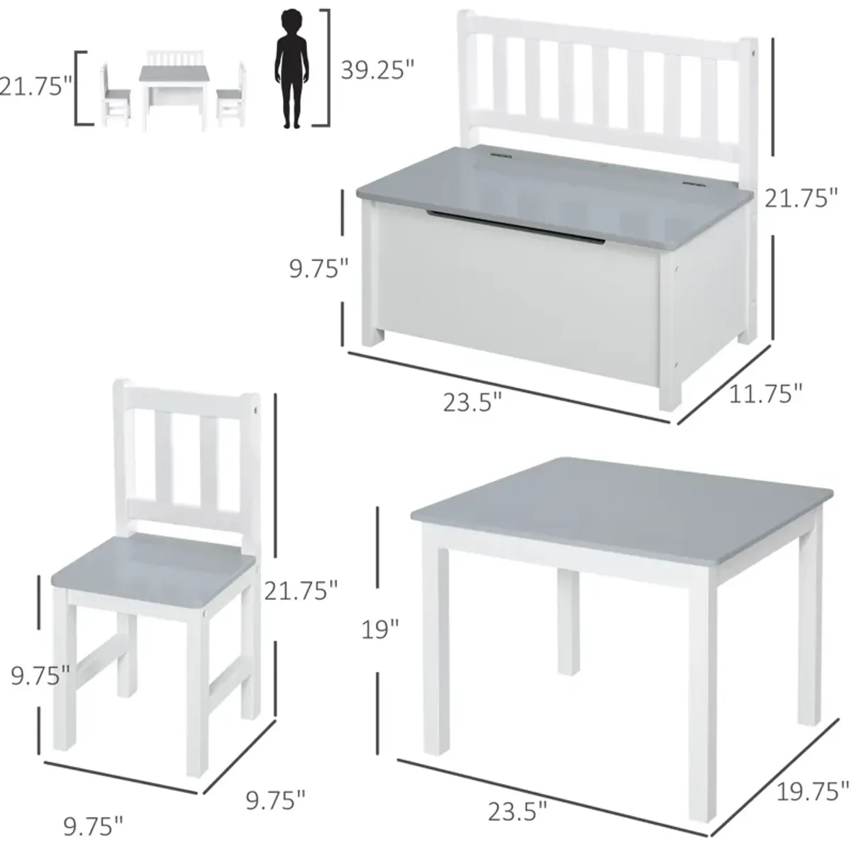 Qaba 4-Piece Kids Table Set with 2 Wooden Chairs, 1 Storage Bench, and Interesting Modern Design, Grey/White