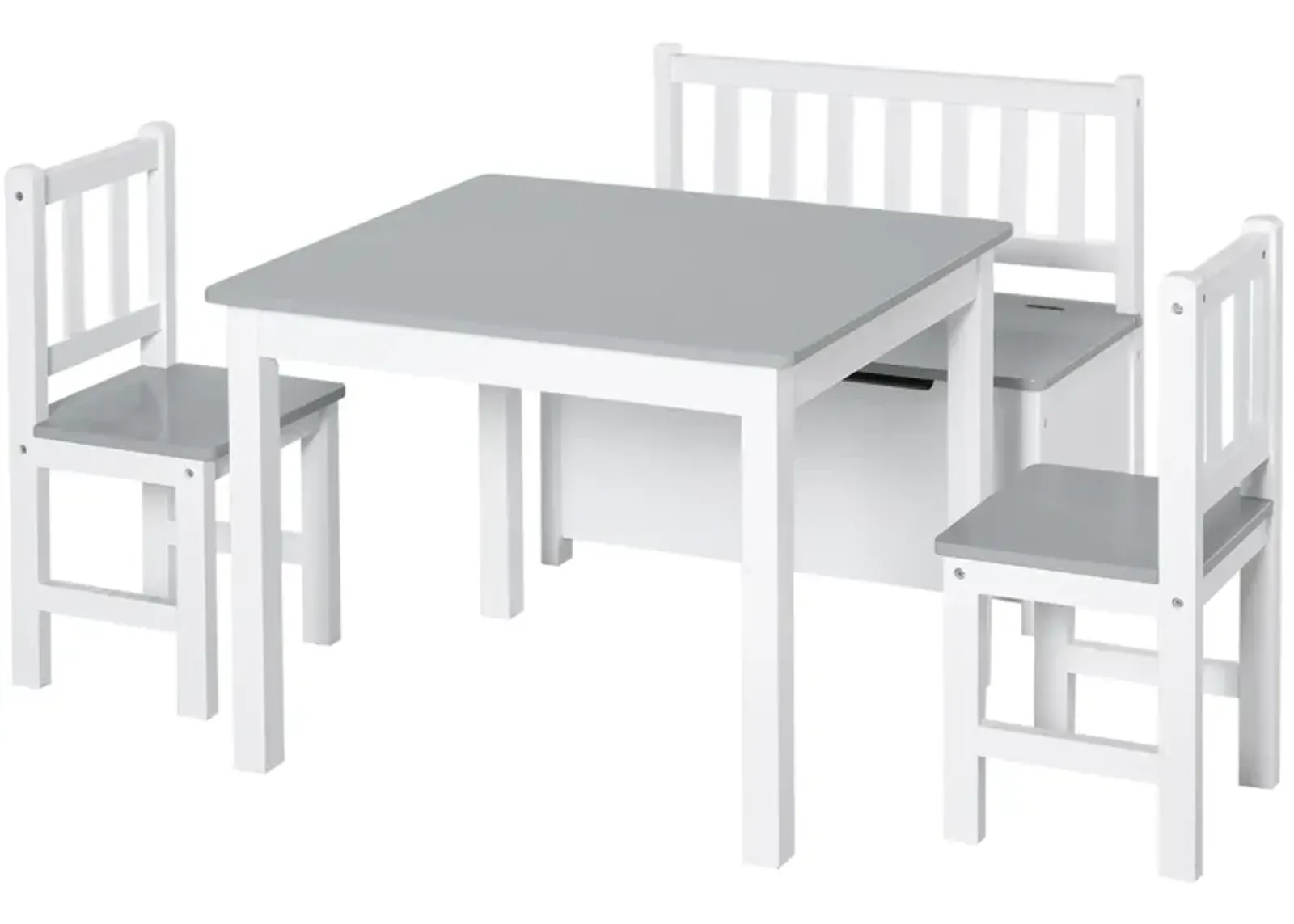 Qaba 4-Piece Kids Table Set with 2 Wooden Chairs, 1 Storage Bench, and Interesting Modern Design, Grey/White