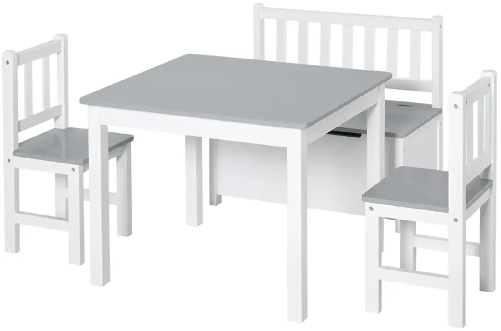 Qaba 4-Piece Kids Table Set with 2 Wooden Chairs, 1 Storage Bench, and Interesting Modern Design, Grey/White