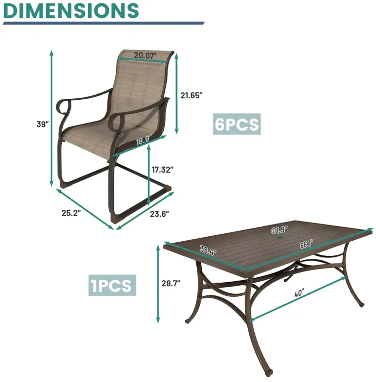 MONDAWE 7-Piece Khaki Steel Table And Steel Textiliene Dining Chair Set With 6 Pcs Spring Chairs