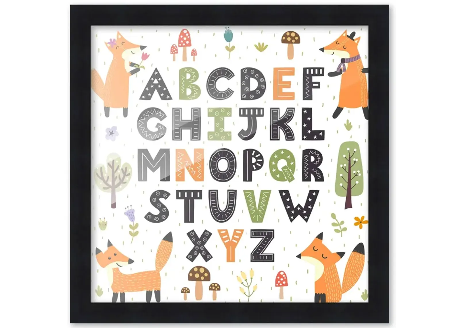 10x10 Framed Nursery Wall Art Hand Drawn Fox ABC Poster In Black Wood Frame For Kid Bedroom or Playroom