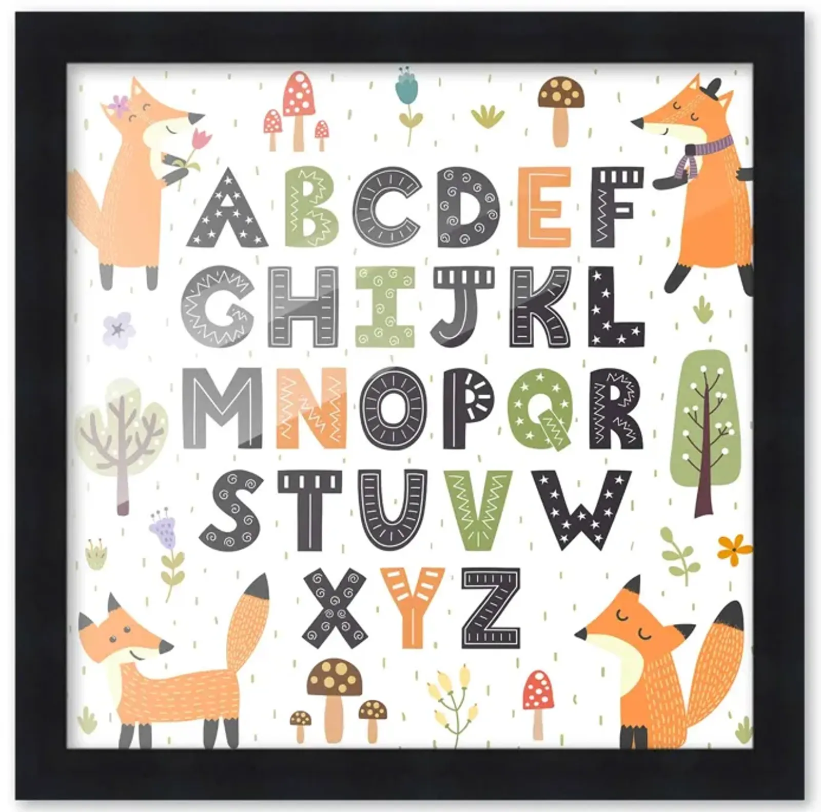 10x10 Framed Nursery Wall Art Hand Drawn Fox ABC Poster In Black Wood Frame For Kid Bedroom or Playroom