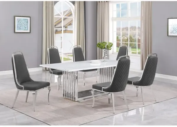 7pc Large(79") marble top dining set with silver base and 6 Dark grey chairs