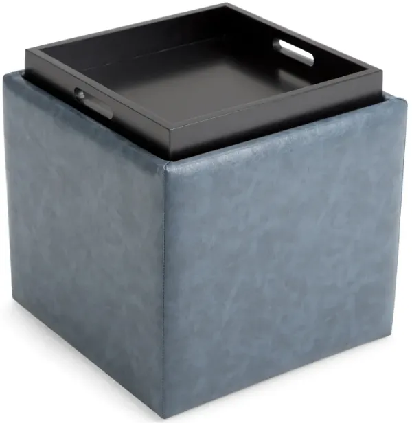 Rockwood 17 inch Wide Contemporary Square Cube Storage Ottoman with Tray in Denim Blue Vegan Faux Leather, Assembled