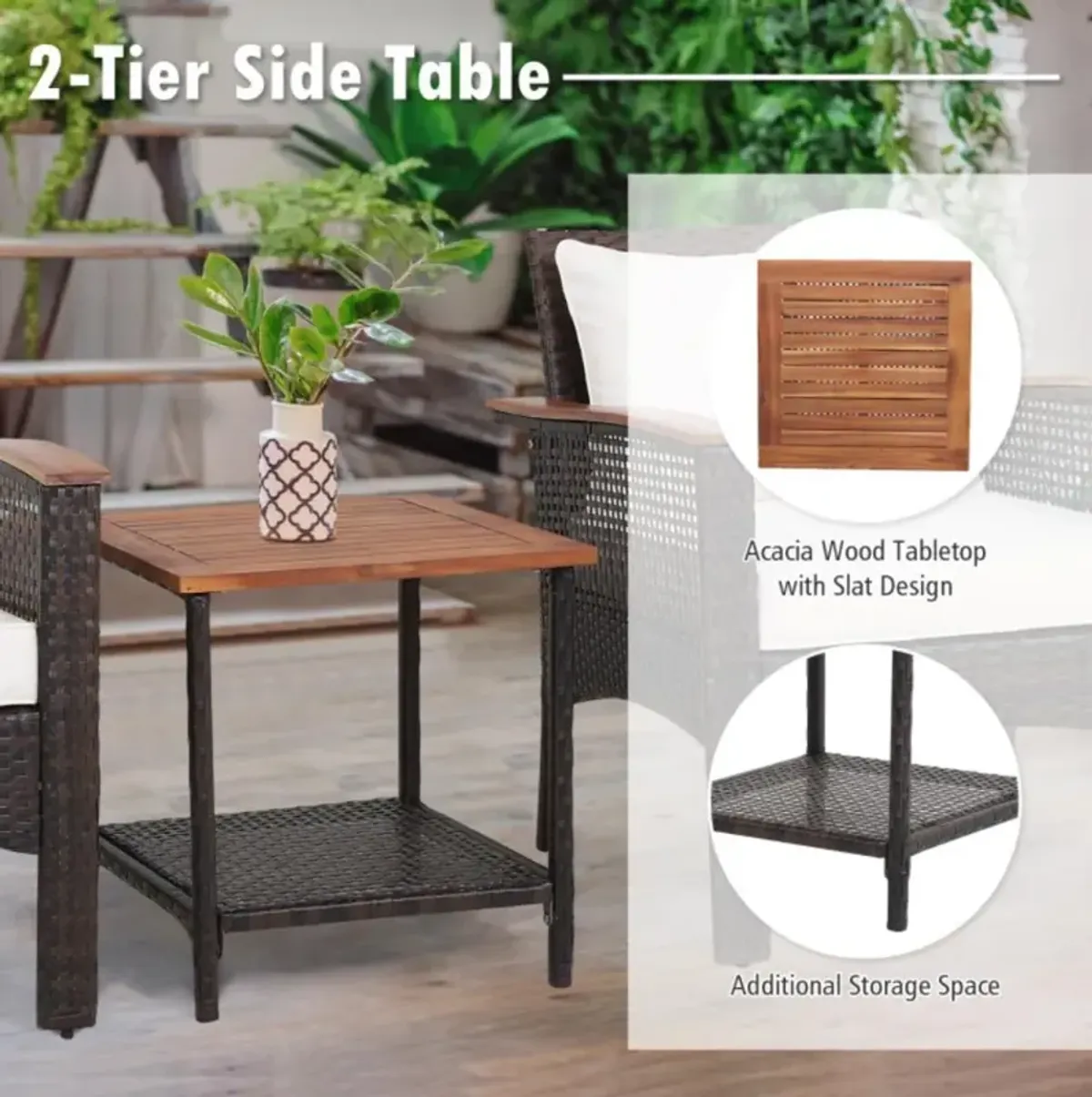 Hivvago 3 Pieces Patio Rattan Furniture Set with Acacia Wood Tabletop