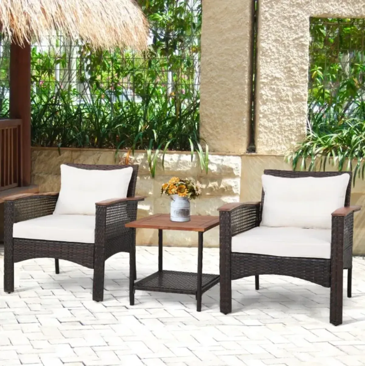 Hivvago 3 Pieces Patio Rattan Furniture Set with Acacia Wood Tabletop