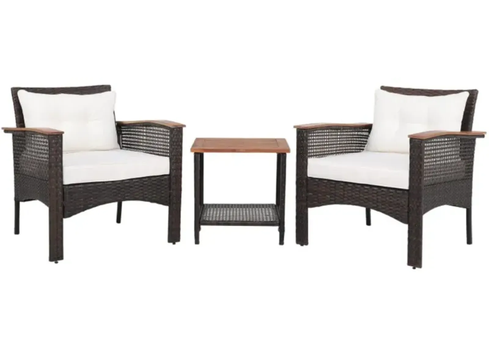 Hivvago 3 Pieces Patio Rattan Furniture Set with Acacia Wood Tabletop