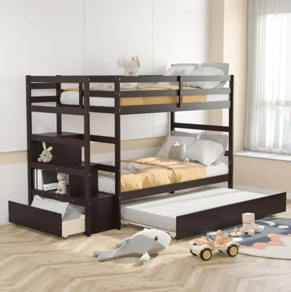 Hivvago Twin Over Twin Bunk Bed with Storage Shelf and Drawer