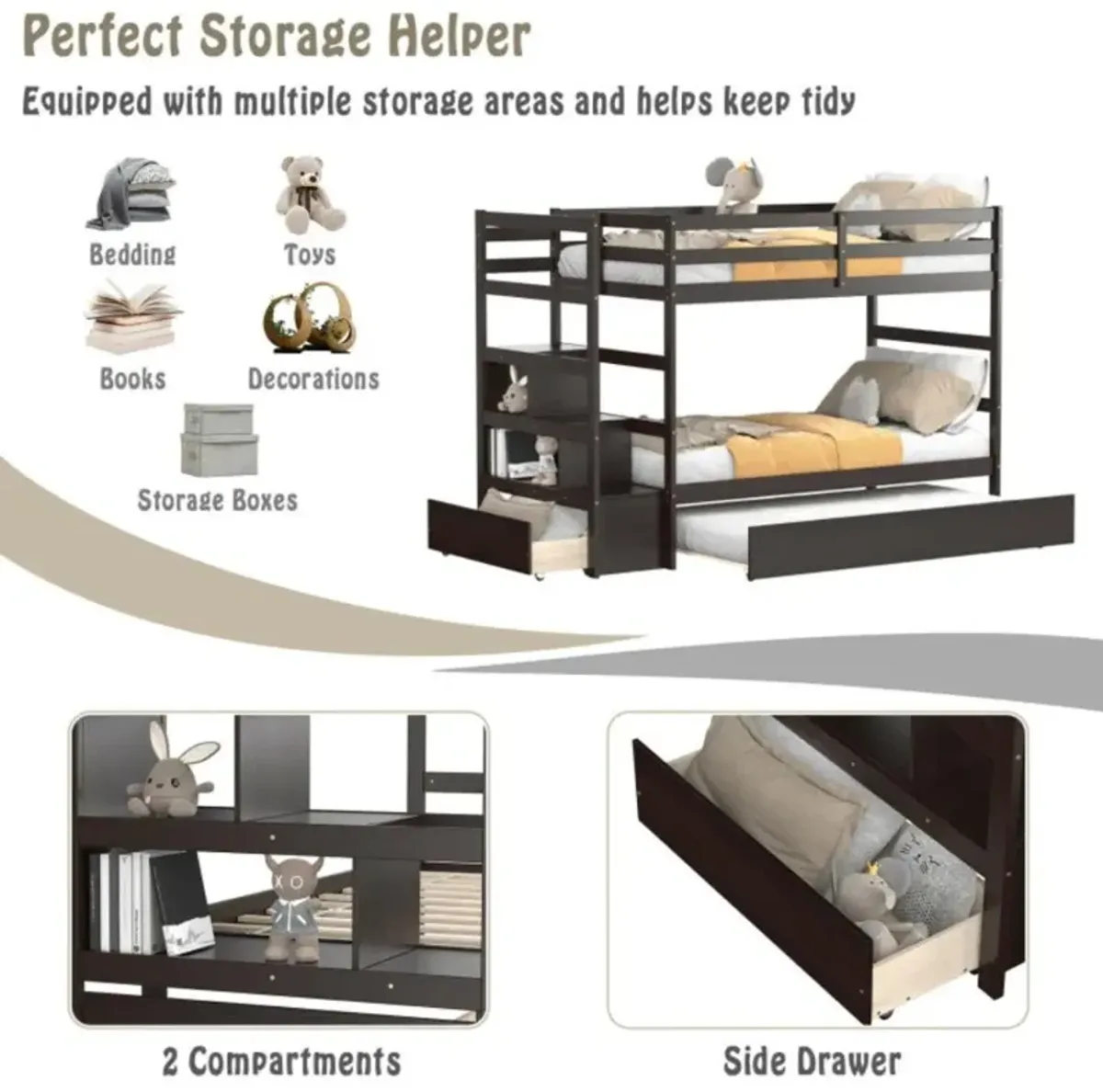 Hivvago Twin Over Twin Bunk Bed with Storage Shelf and Drawer