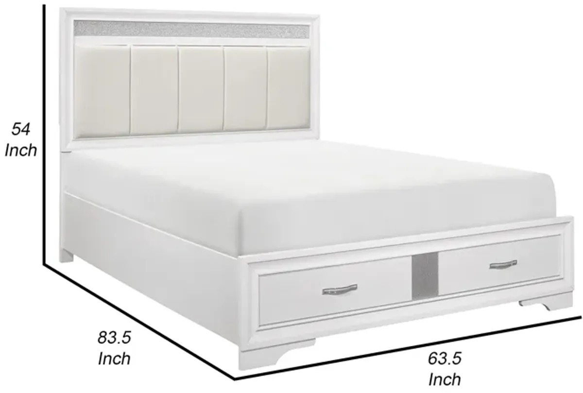 Ani Queen Platform Bed, Tufted Headboard, 2 Drawer Low Footboard, White - Benzara