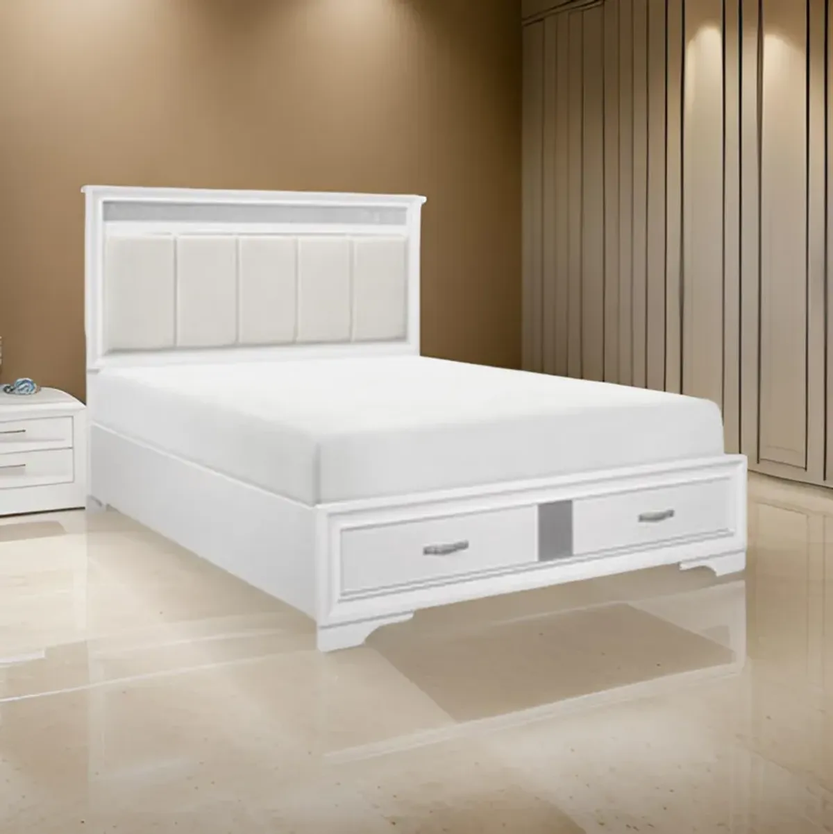 Ani Queen Platform Bed, Tufted Headboard, 2 Drawer Low Footboard, White - Benzara