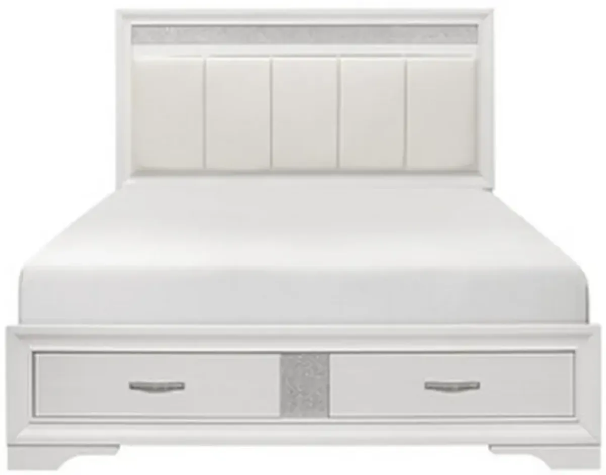 Ani Queen Platform Bed, Tufted Headboard, 2 Drawer Low Footboard, White - Benzara