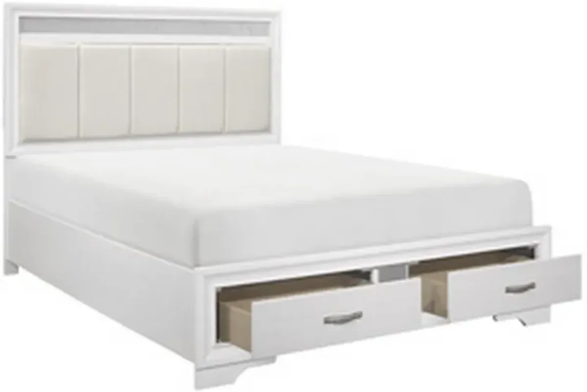 Ani Queen Platform Bed, Tufted Headboard, 2 Drawer Low Footboard, White - Benzara