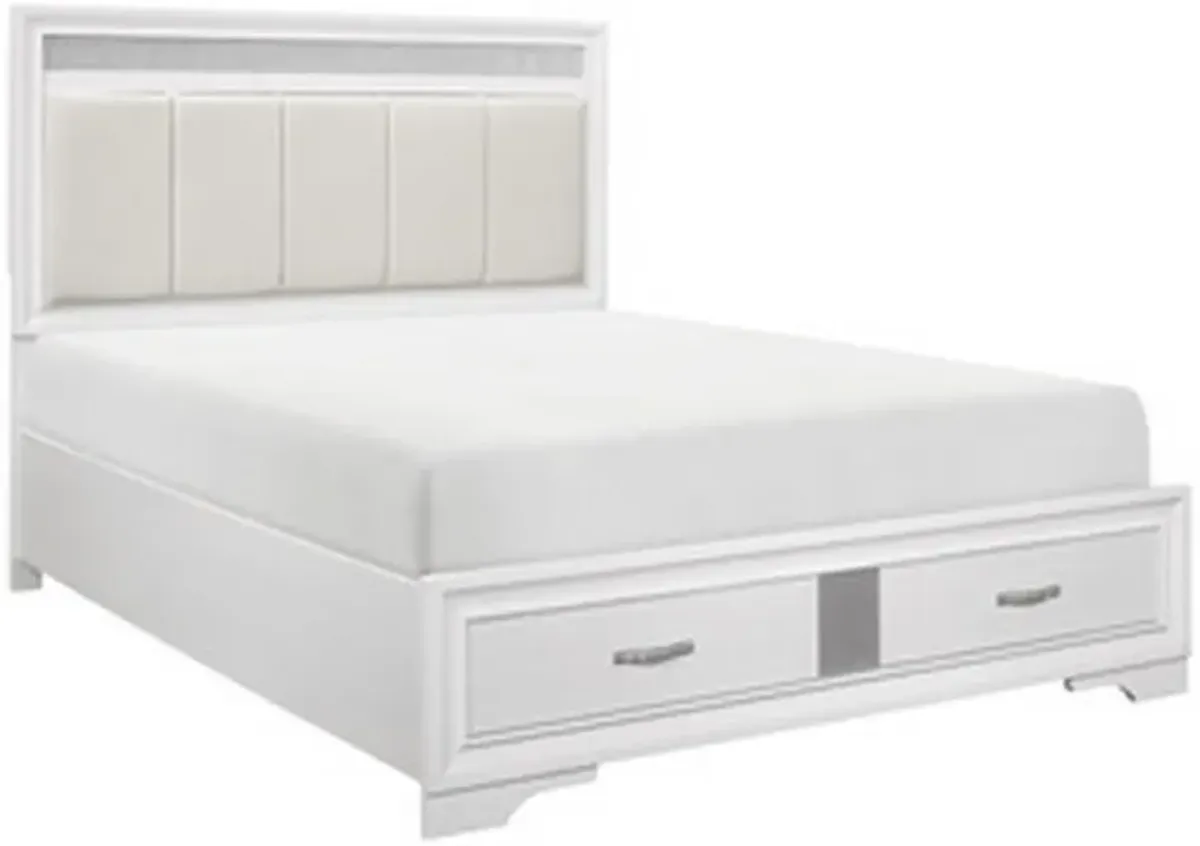 Ani Queen Platform Bed, Tufted Headboard, 2 Drawer Low Footboard, White - Benzara