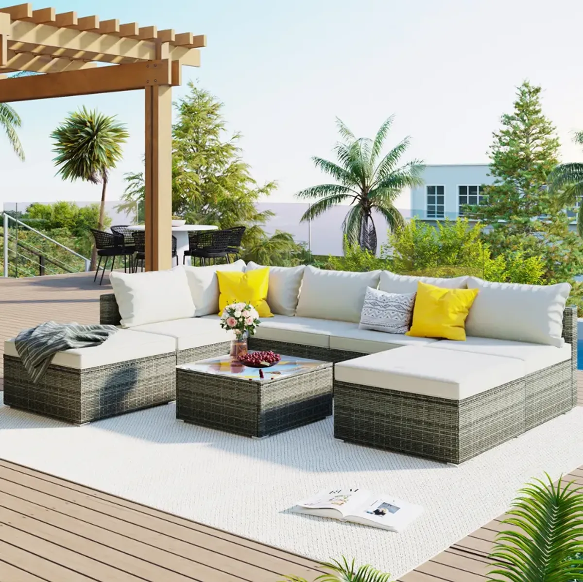 Whisen 8-Pieces Outdoor Patio Furniture Sets, Garden Conversation Wicker Sofa Set