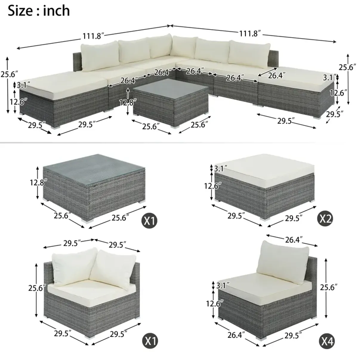 Whisen 8-Pieces Outdoor Patio Furniture Sets, Garden Conversation Wicker Sofa Set
