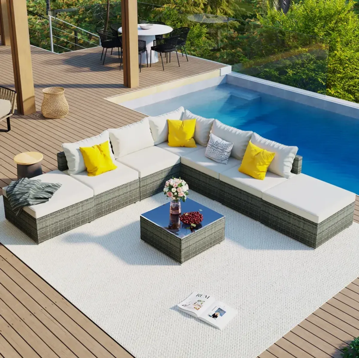 Whisen 8-Pieces Outdoor Patio Furniture Sets, Garden Conversation Wicker Sofa Set