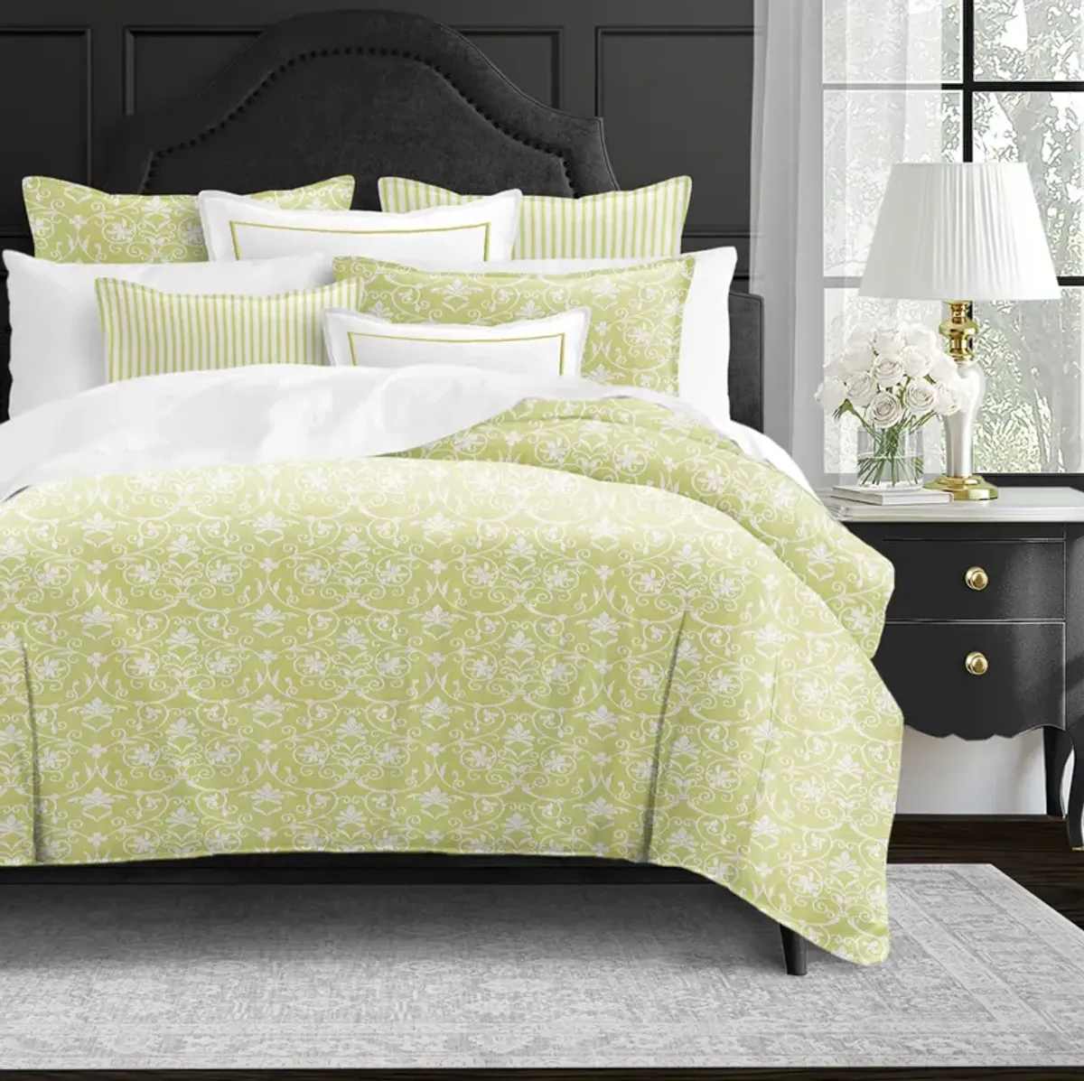 6ix Tailors Fine Linens Embroidery Lace Sulphur Yellow Comforter Set