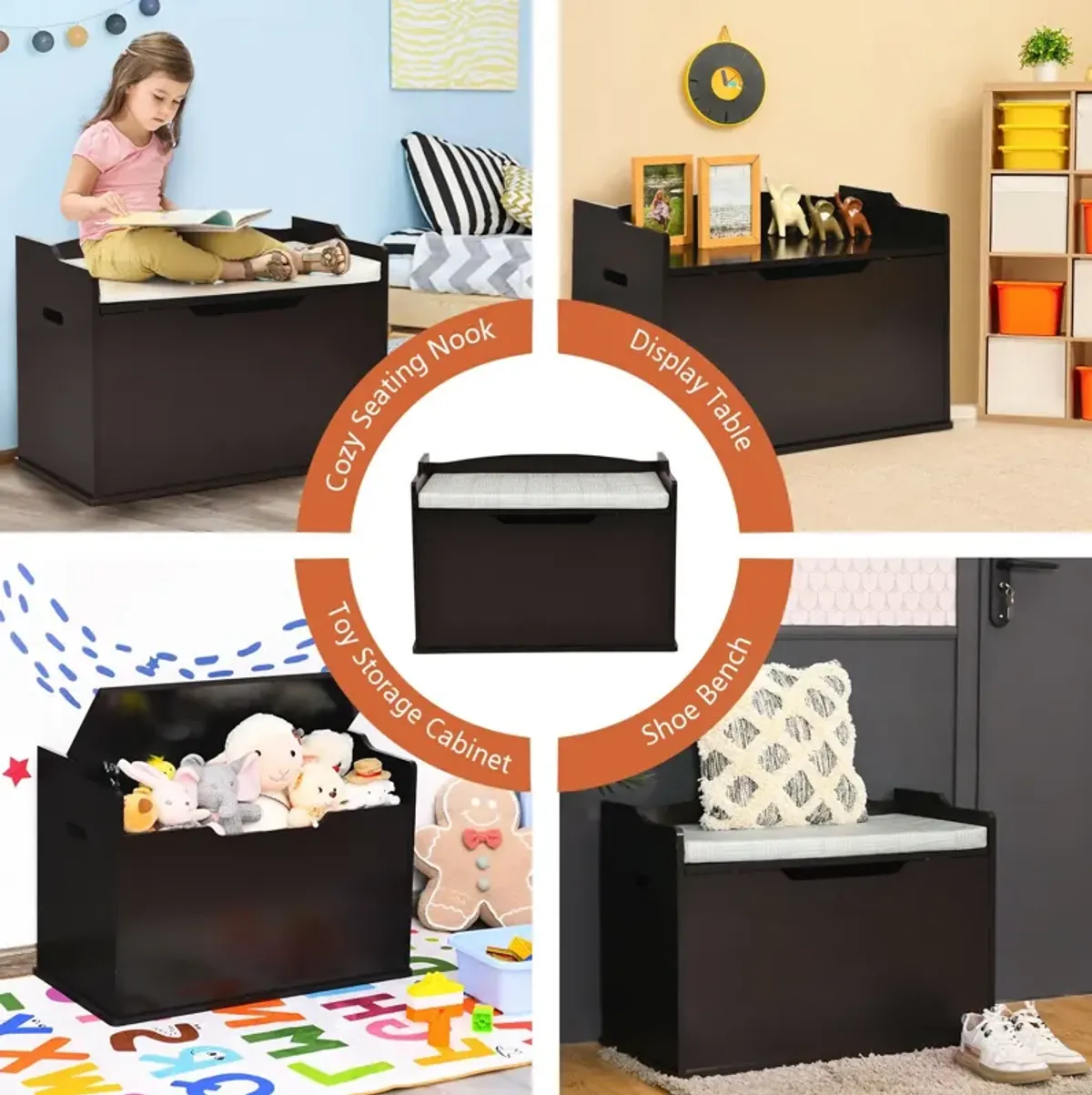 Kids Toy Wooden Flip-top Storage Box Chest Bench with Cushion Hinge