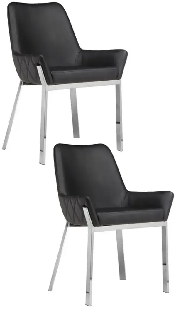 Fuma 23 Inch Set of 2 Dining Chairs, Foam Fill, Black Faux Leather, Silver - Benzara