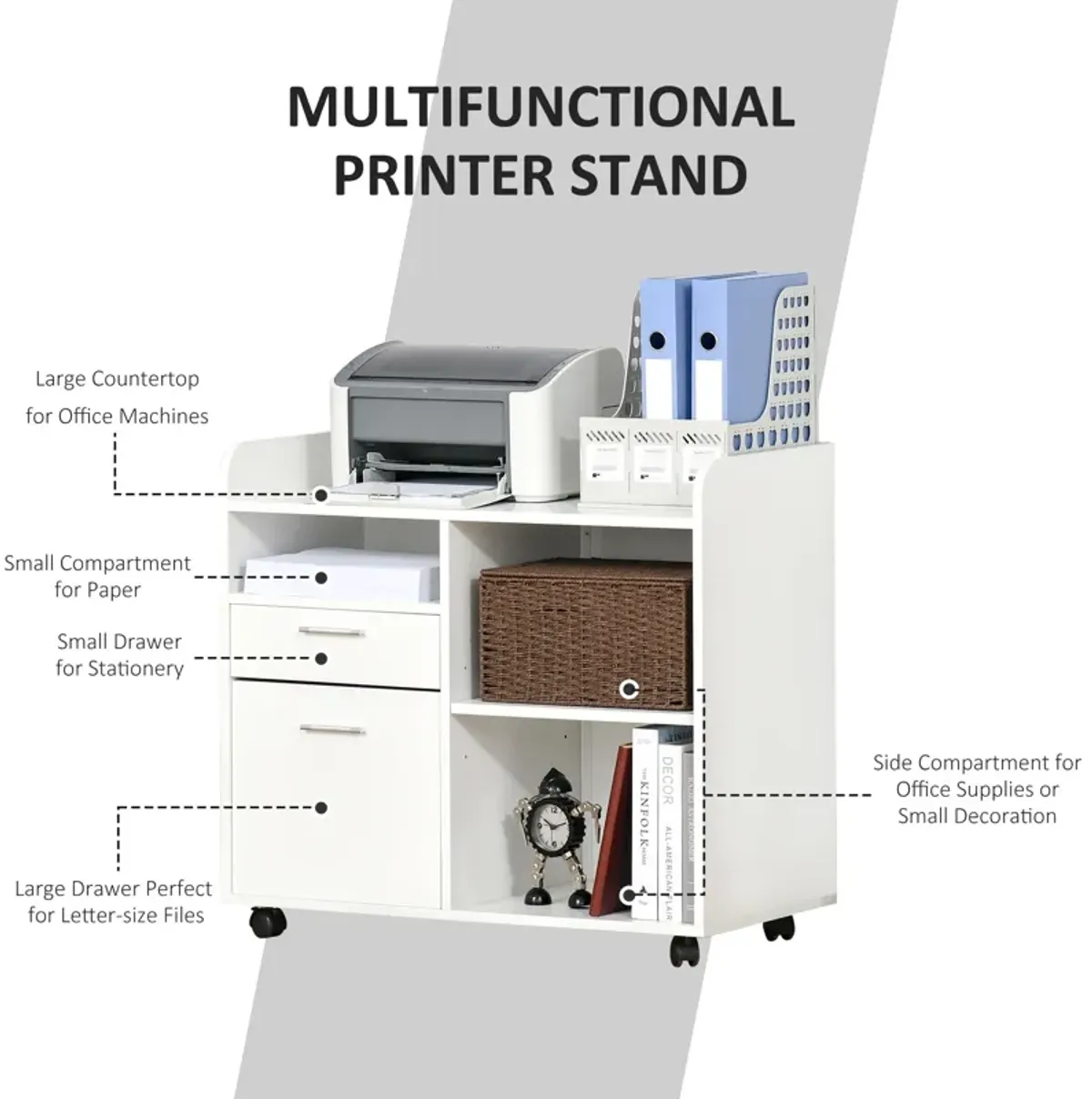 White Office Organizer: Mobile Filing Cabinet Printer Stand