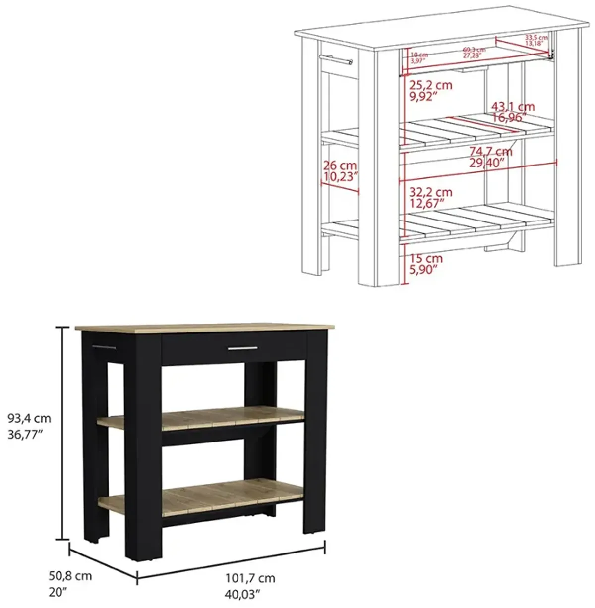 Kitchen Island 40 Inches Dozza, Kitchen, Black / Light Oak