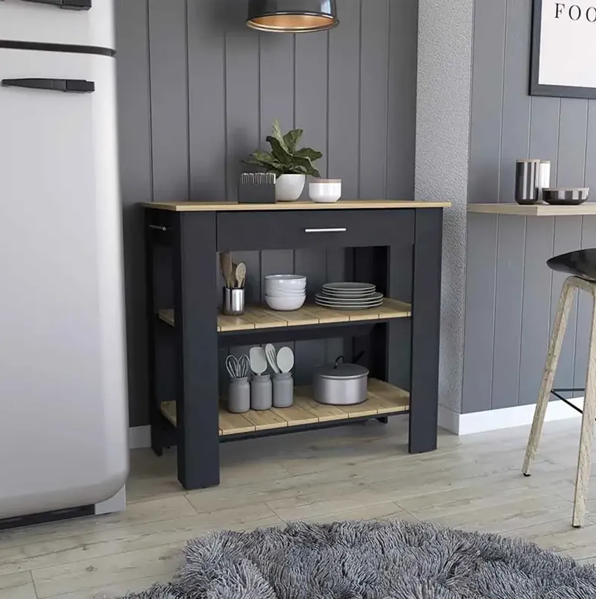 Kitchen Island 40 Inches Dozza, Kitchen, Black / Light Oak