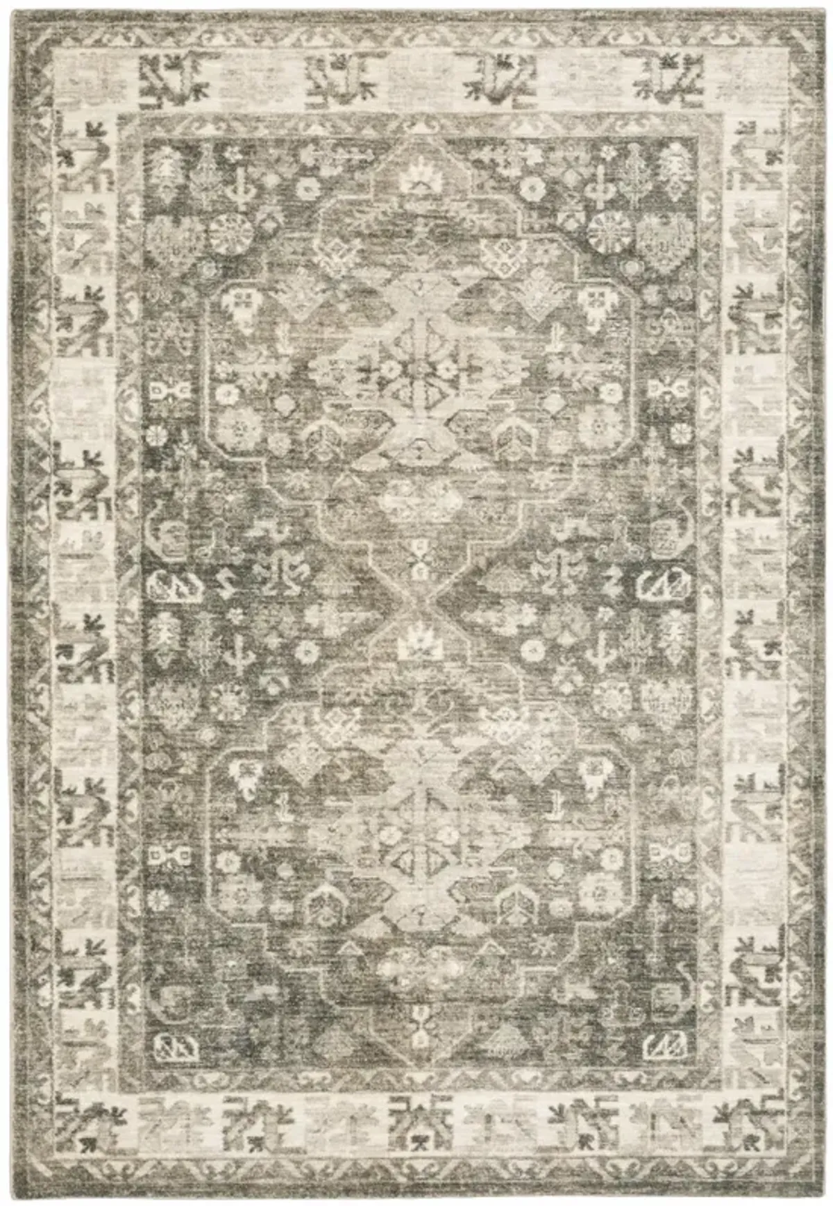5 X 7 grey Ivory Tan And Beige Oriental Power Loom Stain Resistant Area Rug