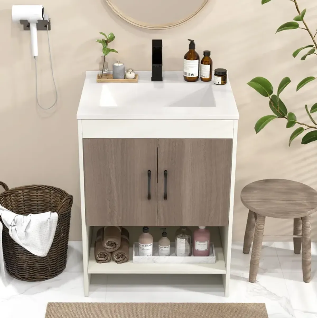 Bathroom Vanity Sink Combo Cabinet with Doors and Open Shelf