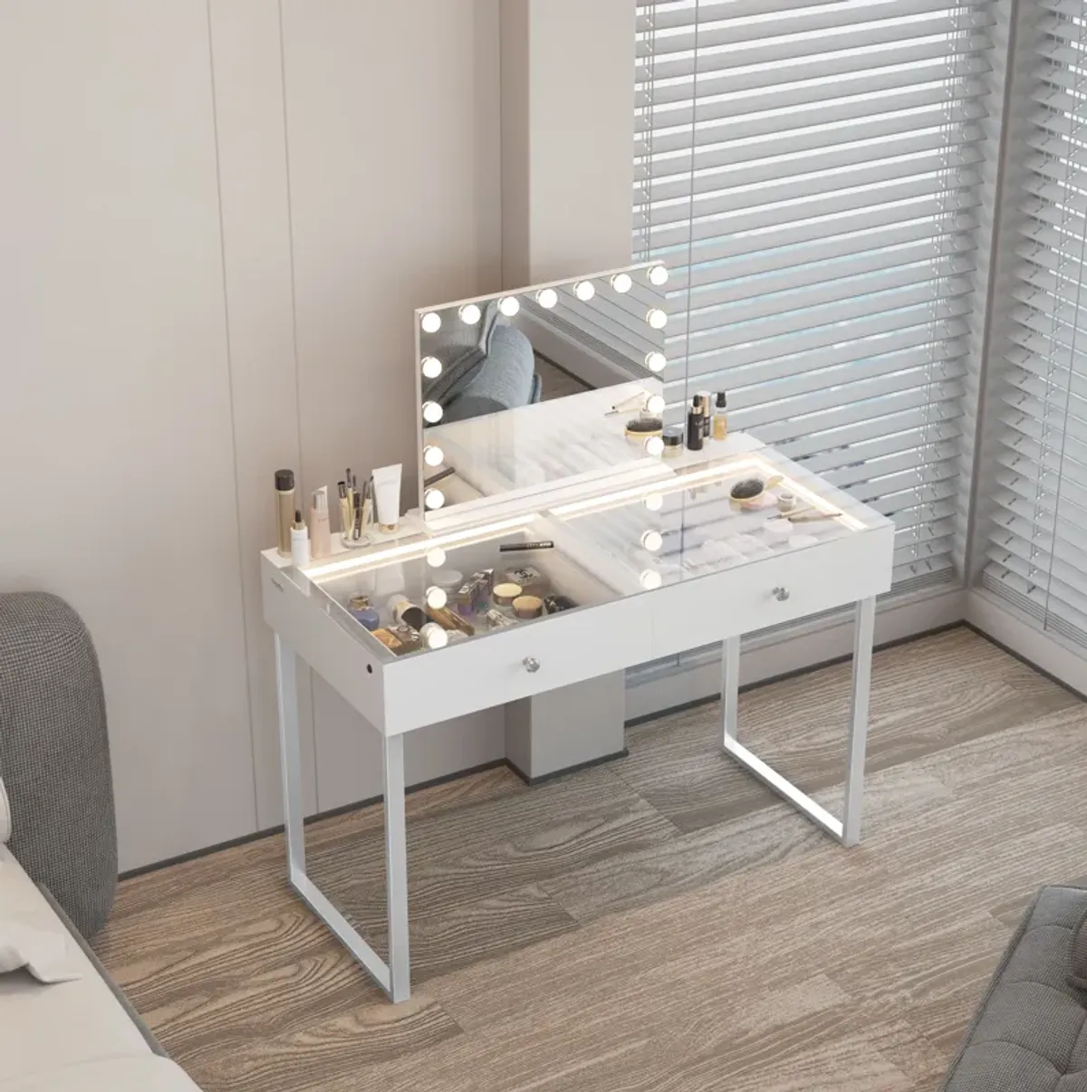 VANITII 2 Drawers Modern Makeup Vanity Desk Dressers With Glass(Installation not included)