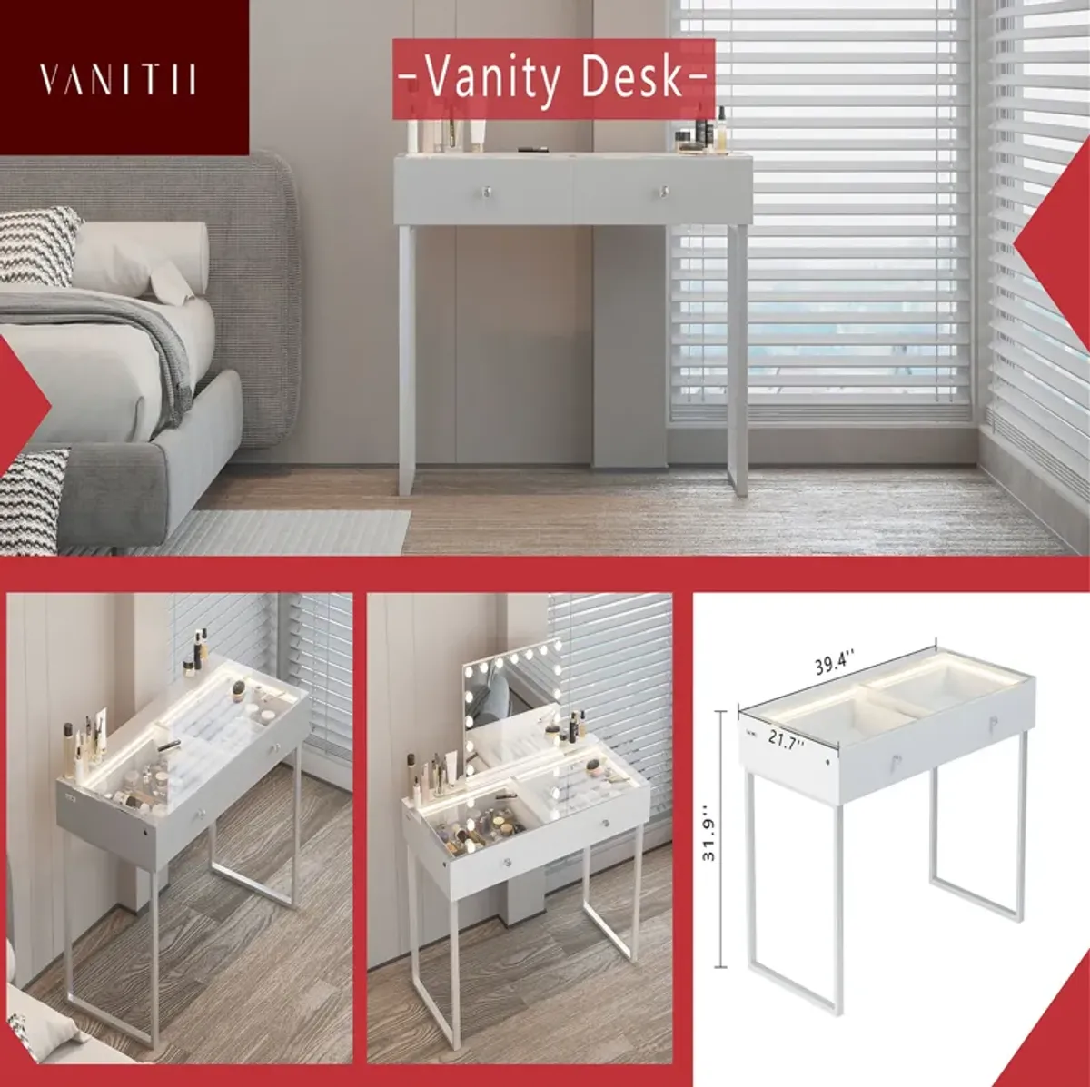 VANITII 2 Drawers Modern Makeup Vanity Desk Dressers With Glass(Installation not included)