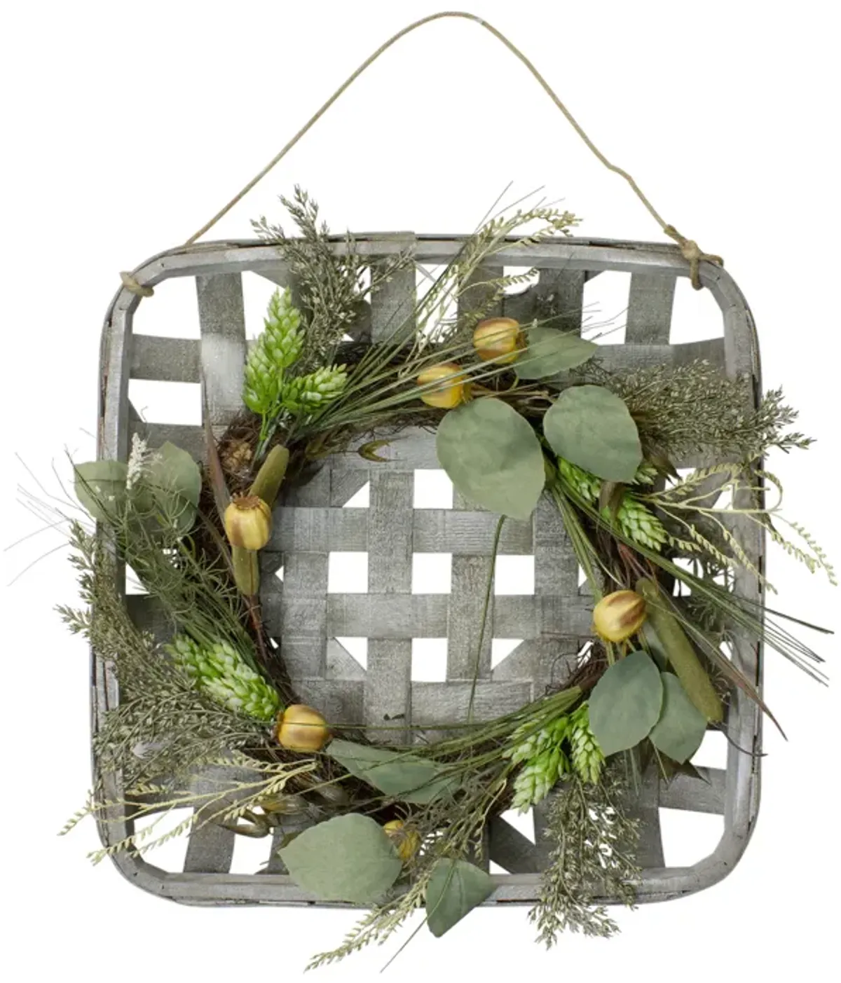 16 Autumn Harvest Green Hop and Cattail Grapevine Wreath in a Wooden Tray Hanger