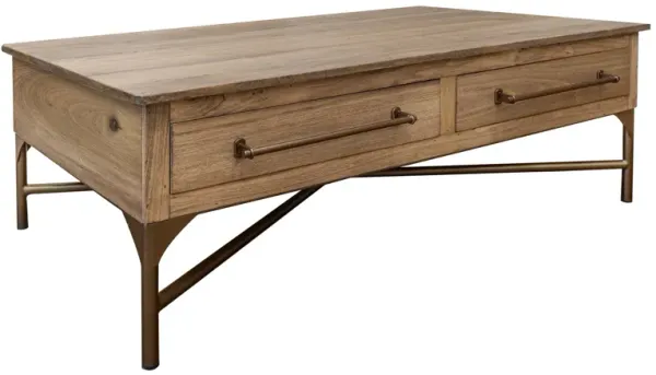 Bera 50 Inch Cocktail Coffee Table, Cross Metal Base, 2 Drawers, Brown - Benzara