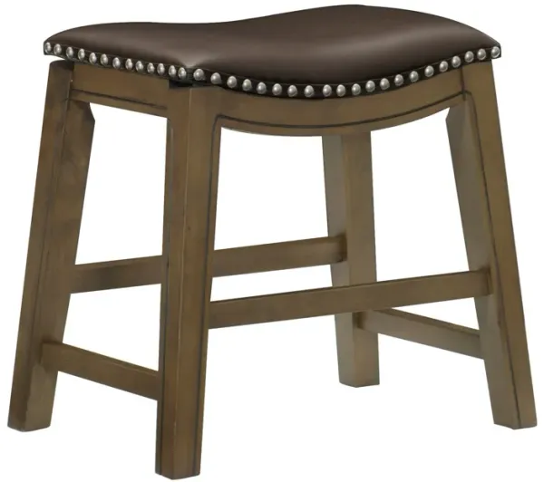 Miel 20 Inch Dining Stool, Brown Faux Leather, Brown Solid Wood, Nailheads - Benzara