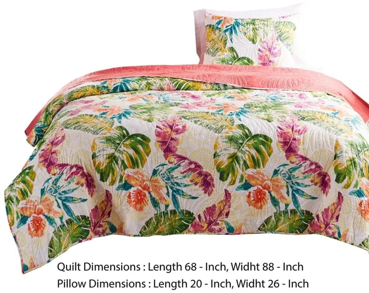 Aulne 2 Piece Twin Quilt Set with Leaf Print, Multicolor - Benzara