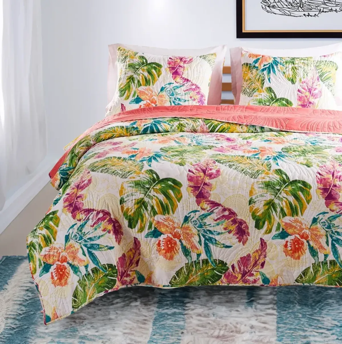 Aulne 2 Piece Twin Quilt Set with Leaf Print, Multicolor - Benzara