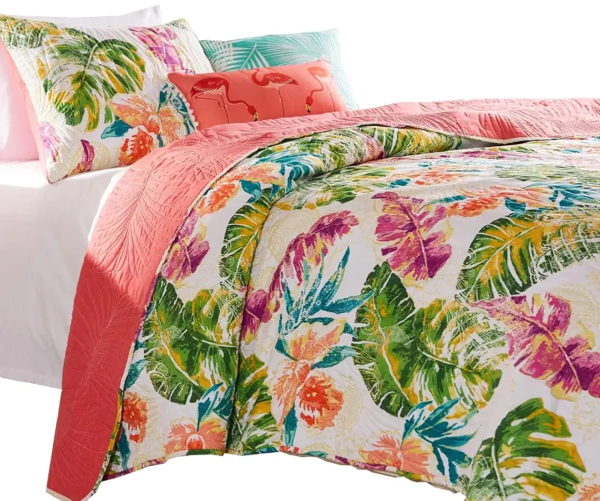 Aulne 2 Piece Twin Quilt Set with Leaf Print, Multicolor - Benzara