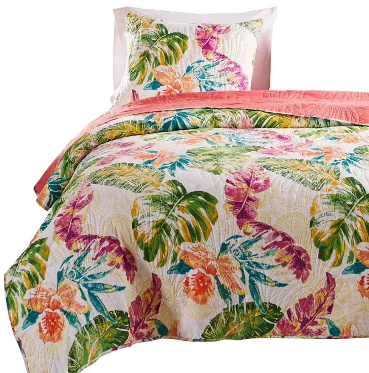 Aulne 2 Piece Twin Quilt Set with Leaf Print, Multicolor - Benzara