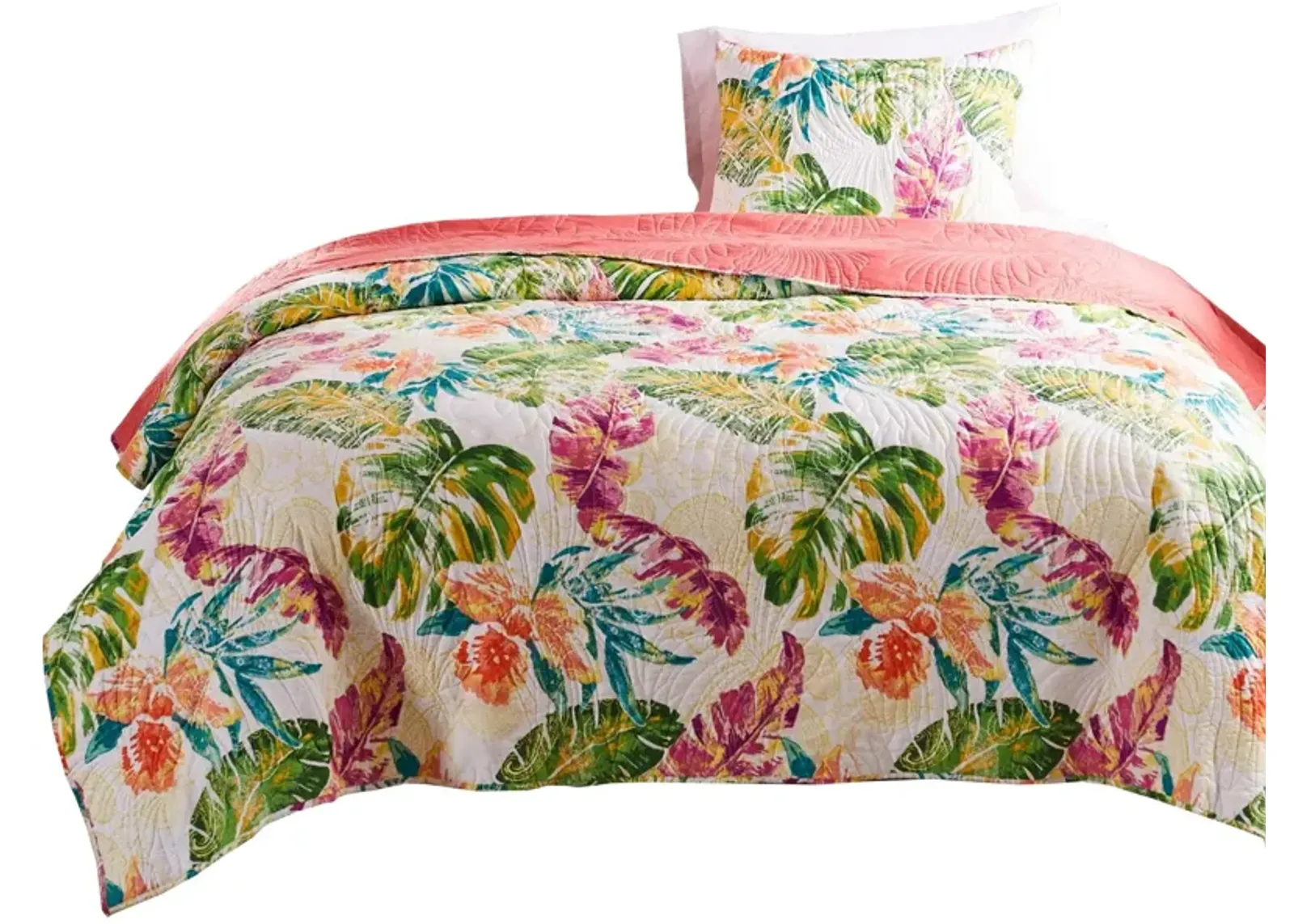 Aulne 2 Piece Twin Quilt Set with Leaf Print, Multicolor - Benzara