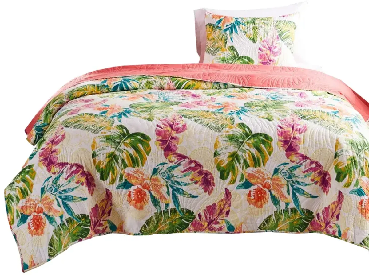 Aulne 2 Piece Twin Quilt Set with Leaf Print, Multicolor - Benzara